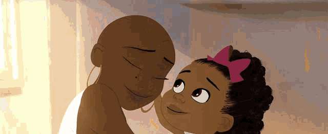 a cartoon of a woman and a little girl with a pink bow on their head