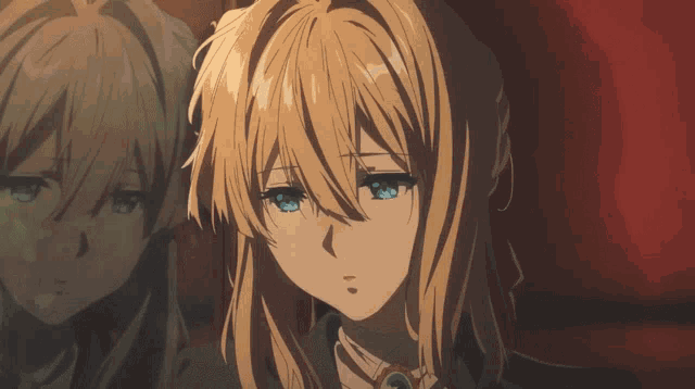 a girl with blonde hair and blue eyes looks down