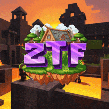 a logo for a game called ztf with a house and trees in the background