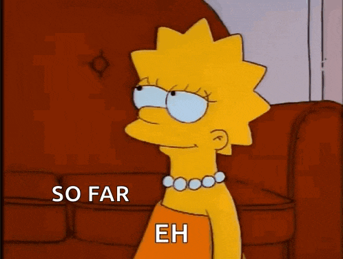 a cartoon of lisa simpson is sitting on a red couch and saying `` so far eh '' .