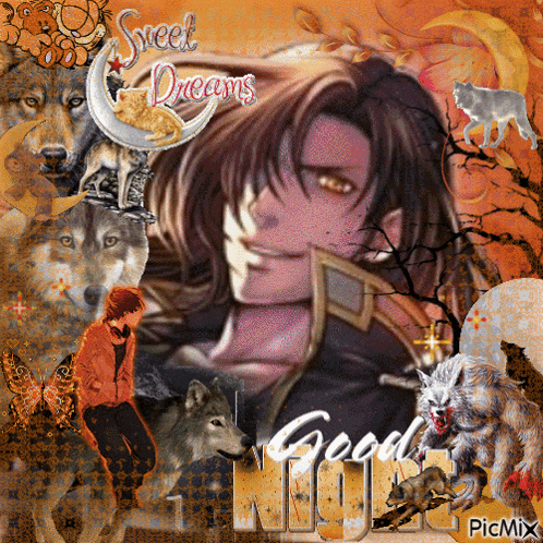 a picture of a man with wolves and the words sweet dreams and good night