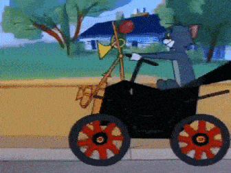 a cartoon of tom driving a car with a trumpet