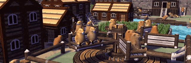 a group of animals are standing around a wooden fence in a game