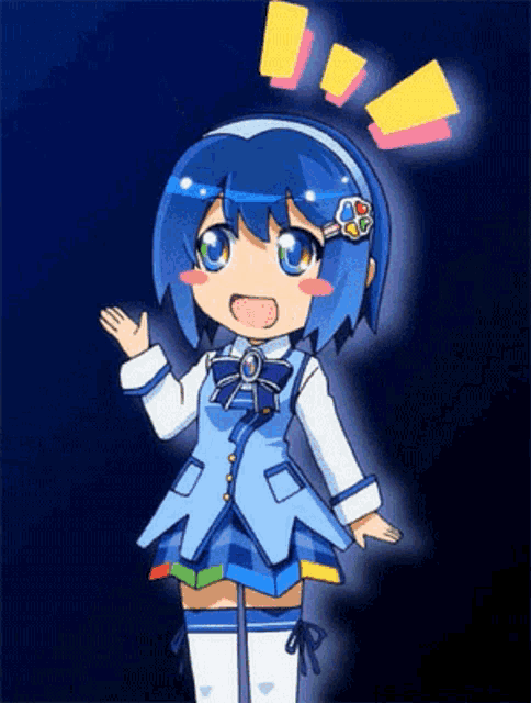 a cartoon girl with blue hair and white socks