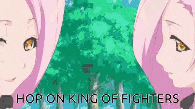 two anime girls with the words hop on king of fighters on the bottom