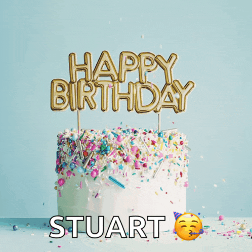 a happy birthday stuart cake with sprinkles and balloons