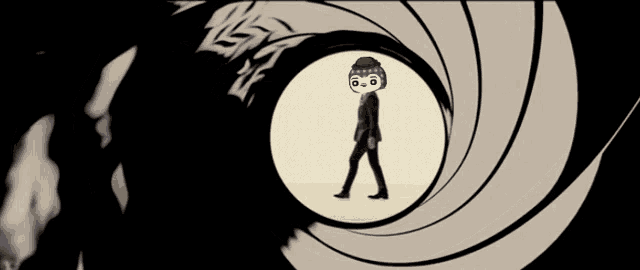 a man in a suit walking through a gun barrel