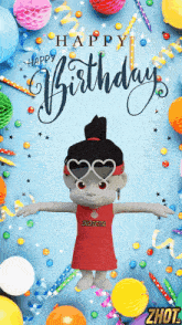 a happy birthday greeting card with a stuffed animal wearing heart shaped sunglasses