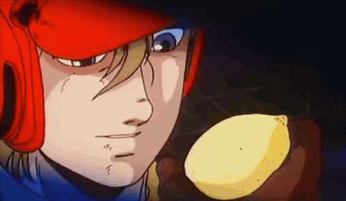 a cartoon character holding a lemon in his hand