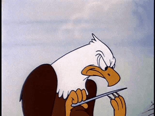 a bald eagle in a cartoon is holding a stick in its mouth .