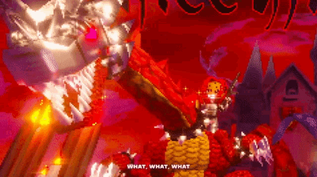 a video game screen shows a monster with the words what what what