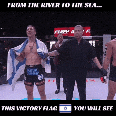 a picture of a man holding a flag with the words from the river to the sea below him