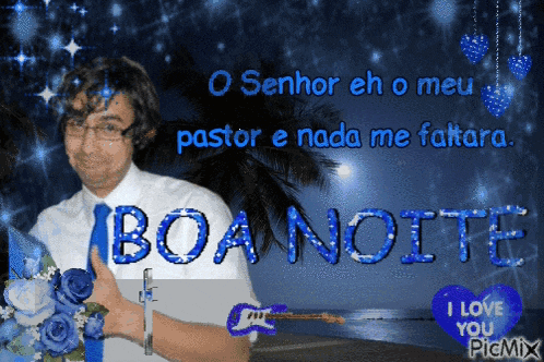 a picture of a man holding a guitar with the words boa noite in blue