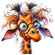 a cartoon giraffe wearing glasses and a ponytail with swirls .
