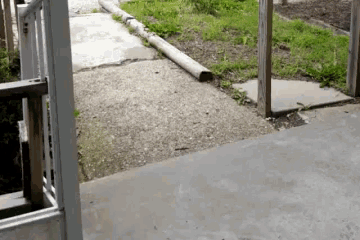 a concrete walkway with a white railing and grass on the side