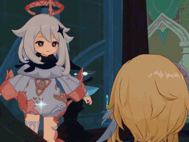 a cartoon girl with a star on her head stands next to another girl