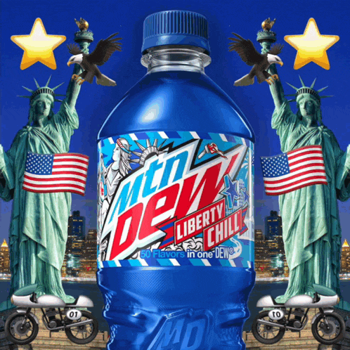 a bottle of mtn dew liberty chill is surrounded by statue of liberty