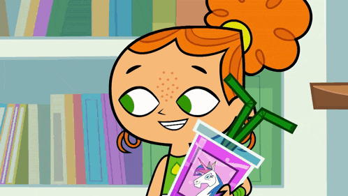 a cartoon girl is drinking a drink with a unicorn on it