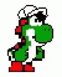 a pixel art of a person holding a red object with a circle in the middle .