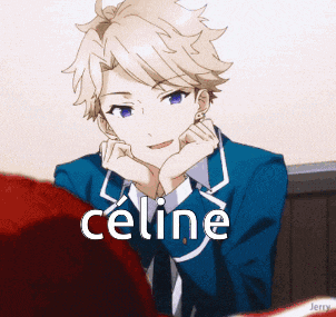a boy in a suit with the name celine written on the bottom