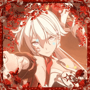a picture of a girl with white hair surrounded by red roses and stars
