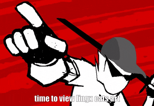a cartoon of a man holding a sword with the words time to view lingx cats art above him