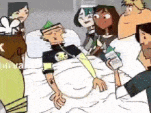a group of cartoon characters are sitting around a man in a hospital bed .