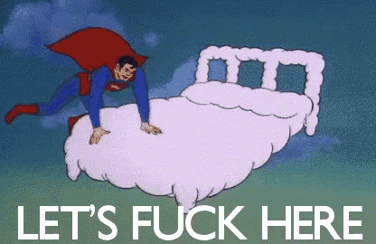 a cartoon of superman flying over a bed with the words let 's fuck here below him