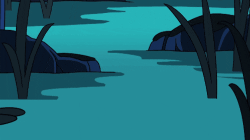 a cartoon drawing of a swamp with rocks and trees