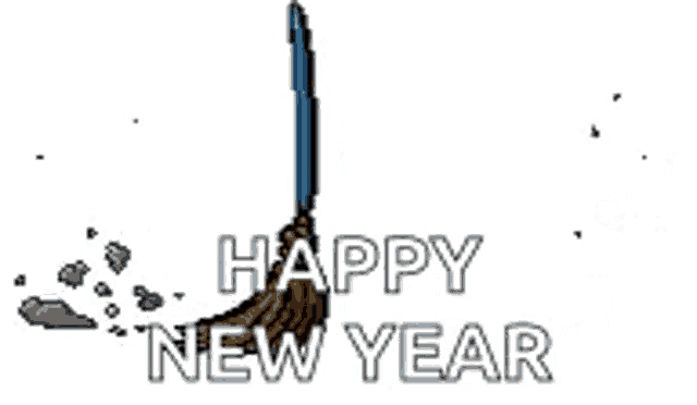 a broom with a blue handle and the words `` happy new year '' written on it .