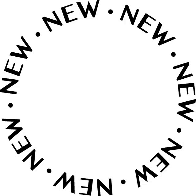 a black circle with the words new written inside