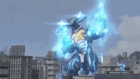 a giant robot is standing in the middle of a city surrounded by buildings and smoke .