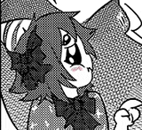 a black and white drawing of a cartoon character with a bow tie and ears .