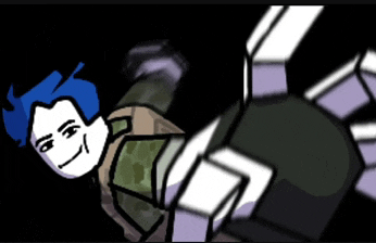 a cartoon drawing of a man with blue hair and a white face