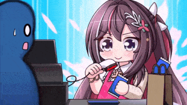 a girl with a flower in her hair is holding a scanner