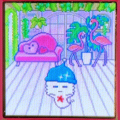 a cartoon drawing of a living room with flamingos and a couch
