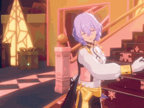 a girl with purple hair is standing in a room with stairs