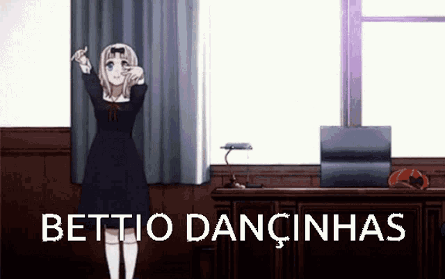 a girl in a black dress is dancing in front of a window with the words bettio dancinhas written on the bottom