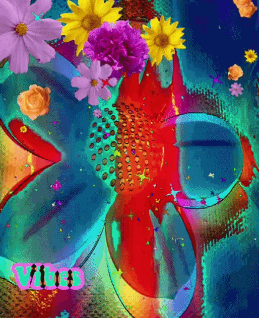 a colorful painting with flowers and the word vibes on the bottom
