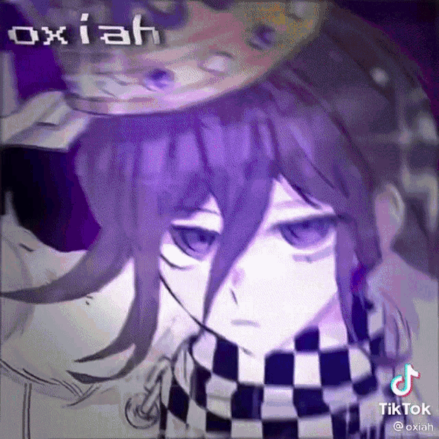 a close up of a person 's face with purple hair and a hat on .