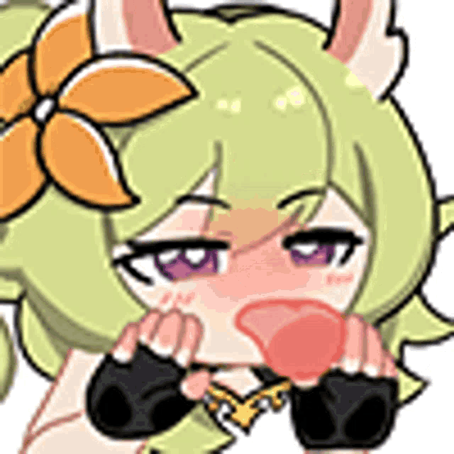 a cartoon girl with horns and a flower in her hair is blowing a pink bubble .