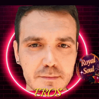 a man 's face is surrounded by a neon circle with the word eros on it