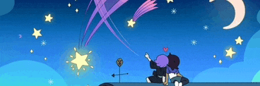 a couple sitting on a roof looking up at a shooting star
