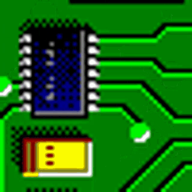a green and blue pixel art of a circuit board with a cpu .