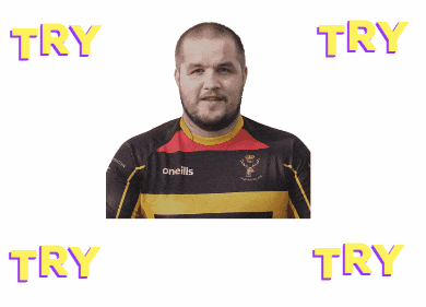 a man in a oneills jersey is surrounded by footballs and the words try