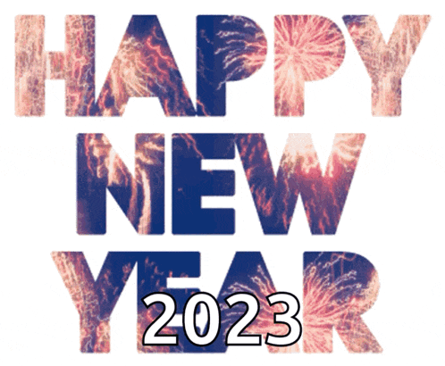 a sign that says happy new year 2023 with fireworks behind it