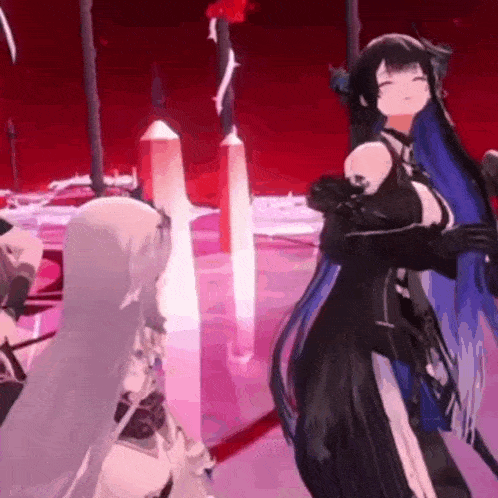 a group of anime characters are standing next to each other in a room .