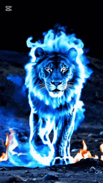 a lion is surrounded by blue flames and the letter x is visible in the corner
