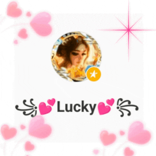 a picture of a woman in a circle with the name lucky surrounded by pink hearts