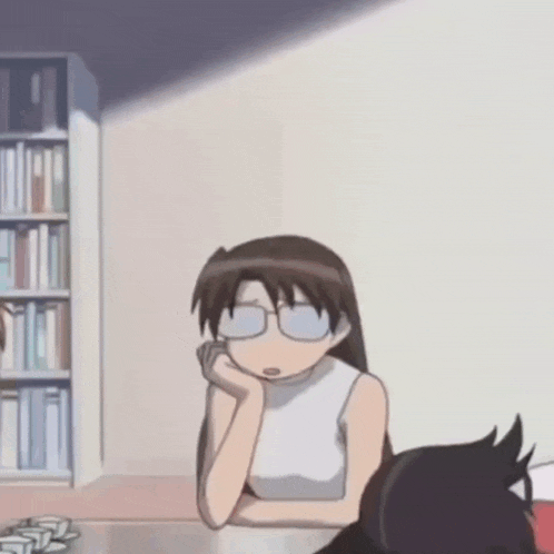 a cartoon girl is sitting at a table with her eyes closed .
